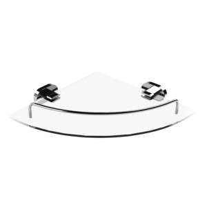 Szklana półka narożna z chromowanym uchwytem do akcesoriów łazienkowych.