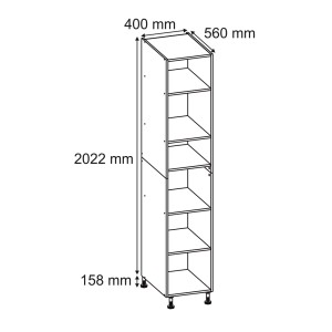 Rysunek techniczny: Wysoka szafka z półkami, wymiary 400x560x2022 mm, do przechowywania.
