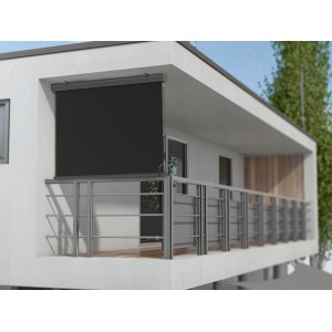 Antracytowa markiza pionowa Loverna 1,4x2 m z kasetą na balkonie.