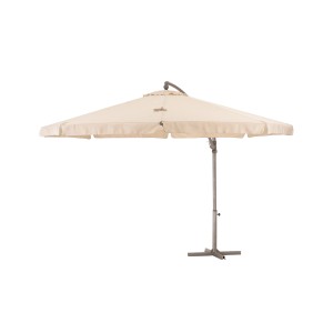 Beżowy parasol wiszący Cocoa Beach, Ø 350 cm, z korbą i bocznym masztem.