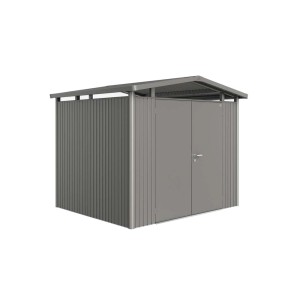 Metalowy domek ogrodowy Biohort Panorama, kwarcowoszary, 5,6 m² z podwójnymi drzwiami. Idealny do przechowywania w ogrodzie.