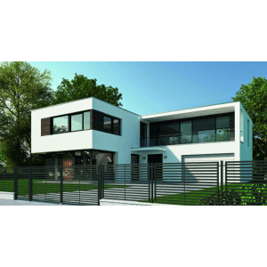 Nowoczesny dom z metalowym ogrodzeniem t.b.t w ogrodzie.