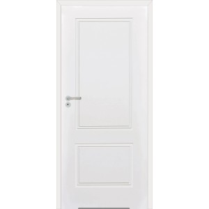 Białe drzwi wewnętrzne z dwoma panelami i srebrną klamką.