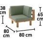 Narożny element zestawu wypoczynkowego Jeruk z drewna akacjowego z zielonymi poduszkami, wymiary: 65x80x80 cm.