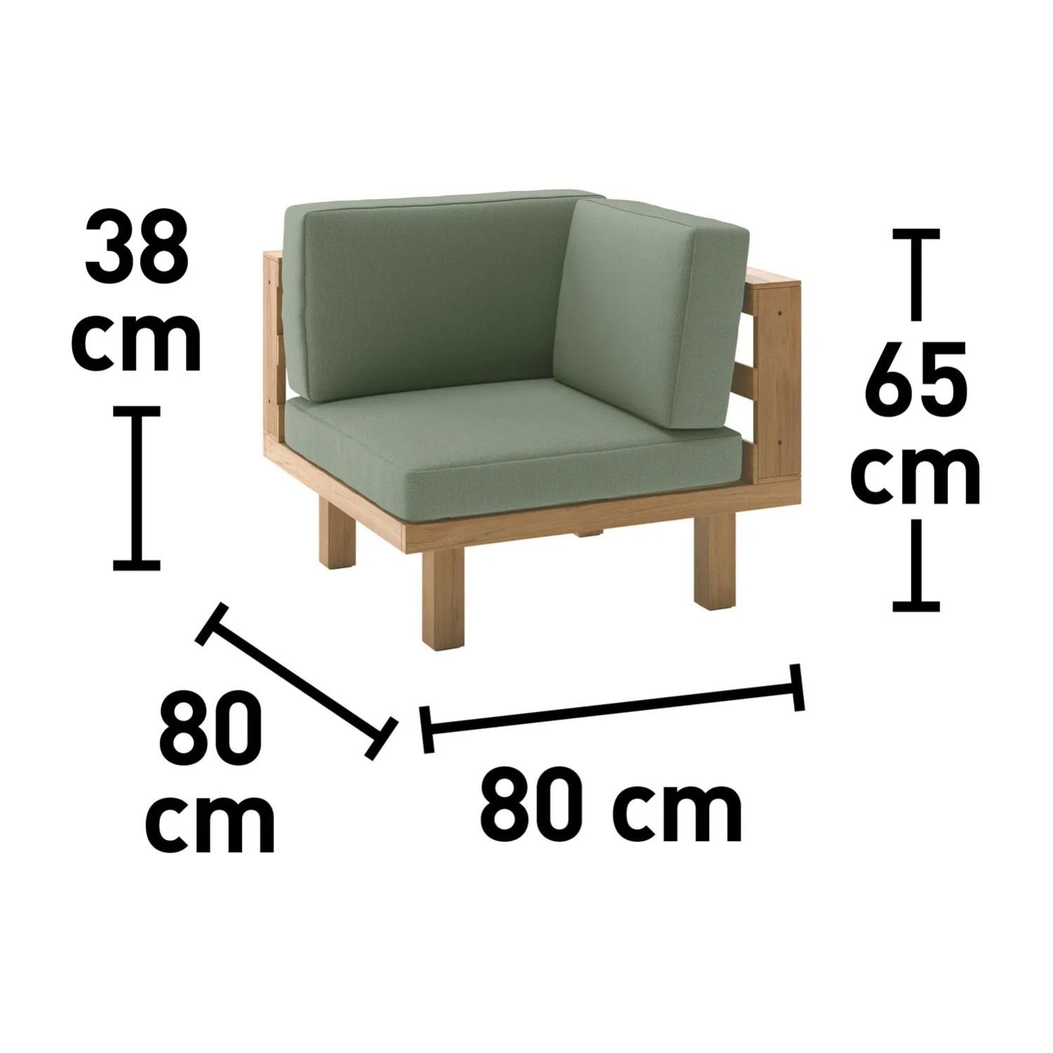Narożny element zestawu wypoczynkowego Jeruk z drewna akacjowego z zielonymi poduszkami, wymiary: 65x80x80 cm.