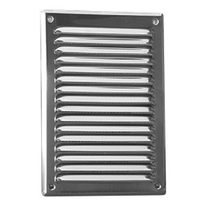 Prostokątna metalowa kratka wentylacyjna z żaluzjami do montażu na ścianie.