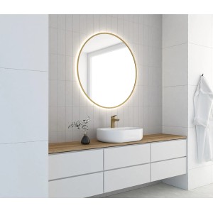 Okrągłe lustro LED w łazience nad umywalką.