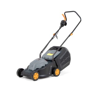 Kosiarka elektryczna, czarno-szara z pomarańczowymi akcentami.