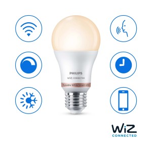 Inteligentna żarówka LED E27 Philips Wiz, regulowana biel, z ikonami sterowania przez aplikację, głos i czas.