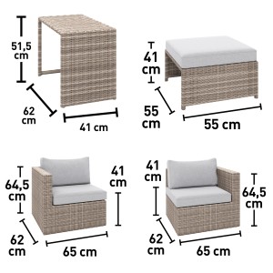 Zestaw mebli balkonowych Olea Mini, 5-częściowy, polirattan jasnoszary, z wymiarami stołu, stołków i foteli.