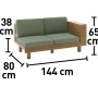 Narożny zestaw wypoczynkowy Jeruk, 2-osobowa sofa z drewna akacjowego FSC z zielonymi poduszkami, wymiary.
