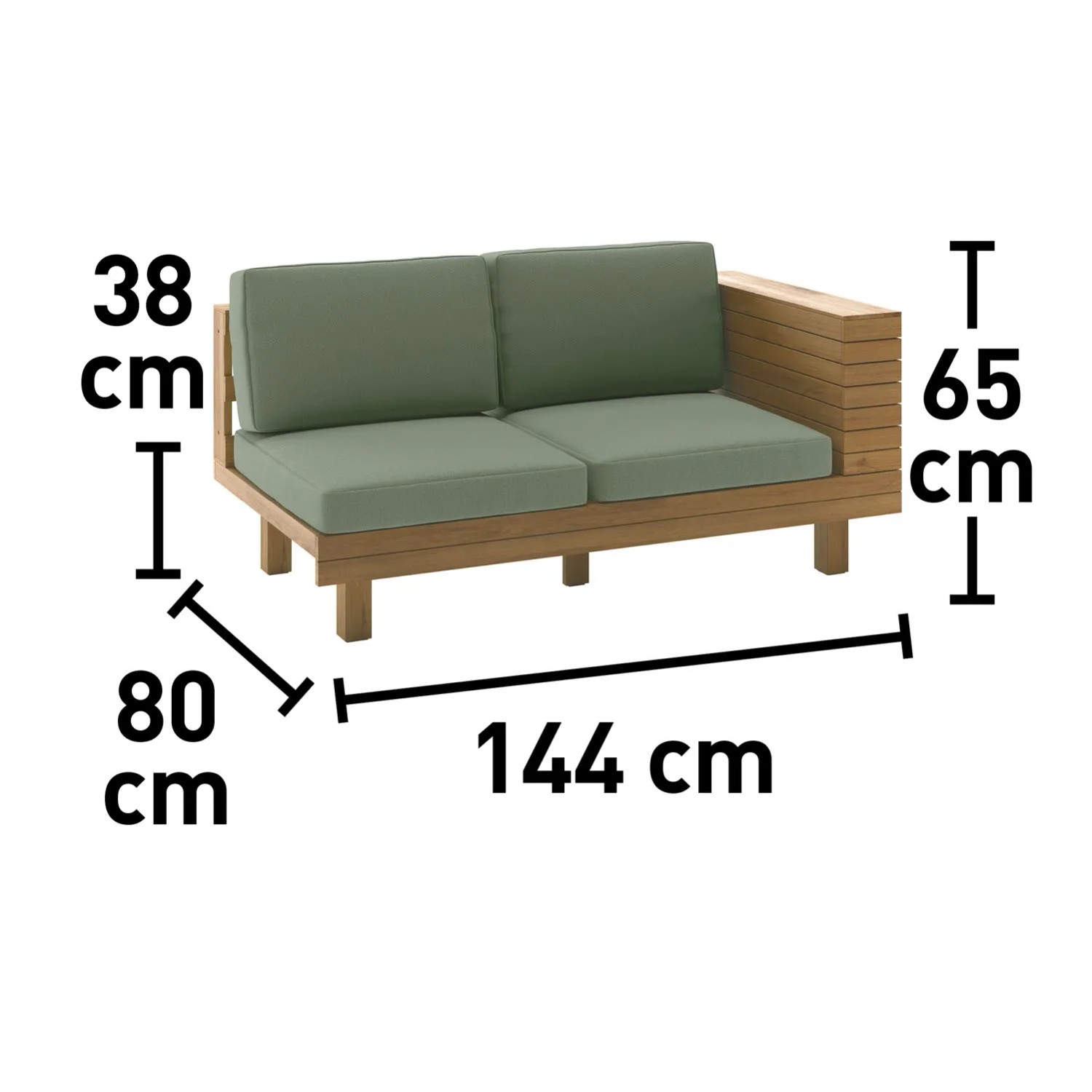 Narożny zestaw wypoczynkowy Jeruk, 2-osobowa sofa z drewna akacjowego FSC z zielonymi poduszkami, wymiary.