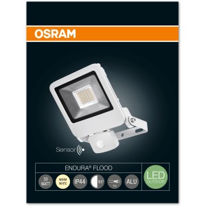 Biały reflektor LED Ledvance Endura Sensor Flood 30W z czujnikiem ruchu.