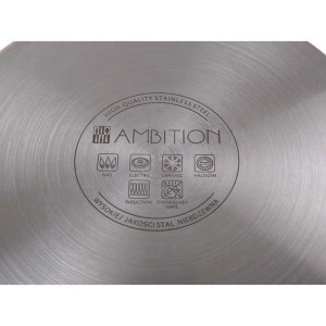 Dno patelni ze stali nierdzewnej Ambition z symbolami kuchenki i zmywarki.