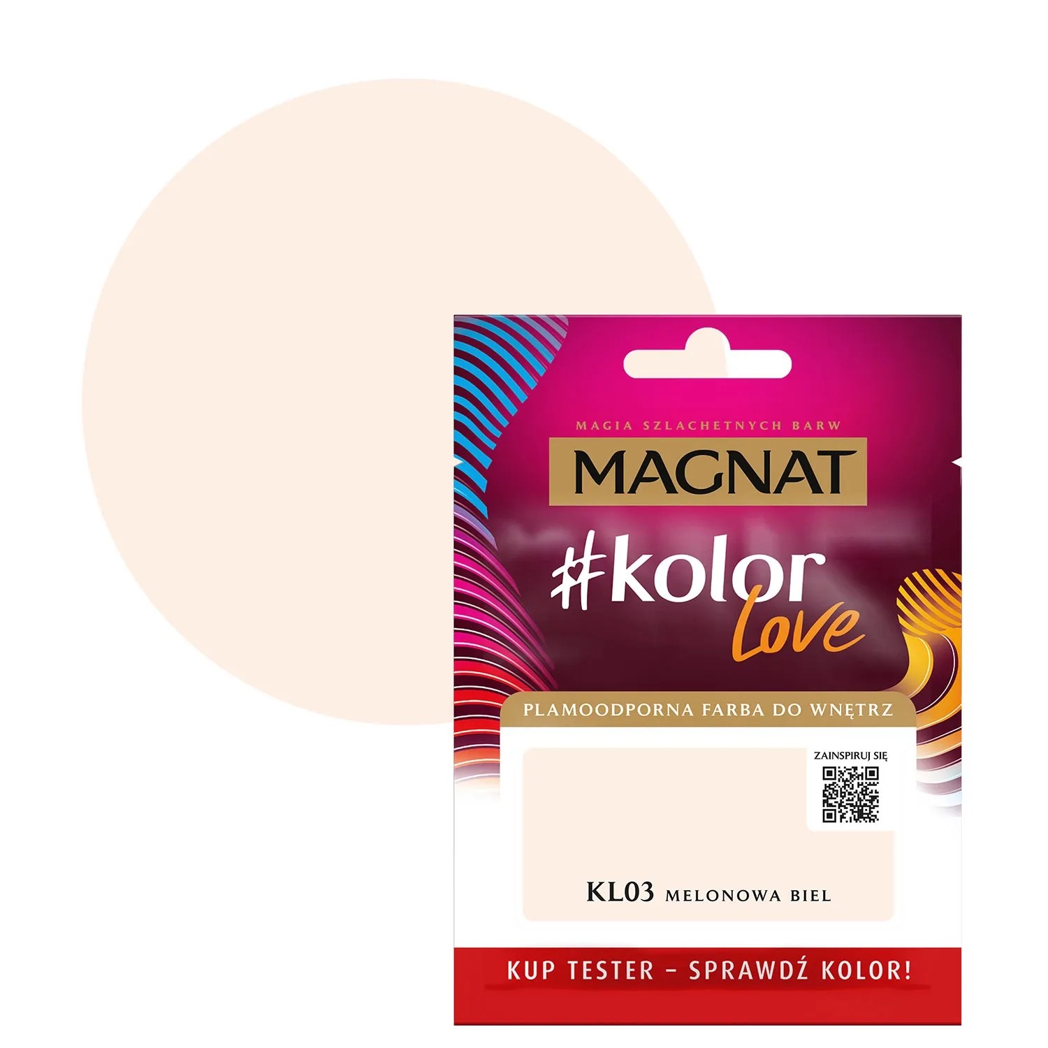 Próbka koloru i karta kolorów farby Magnat #kolor Love KL03 Melonowa Biel. Farba do ścian w kolorze melonowa biel.