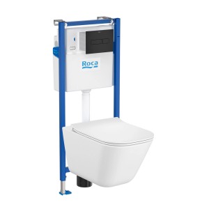 Zestaw WC wiszącego ze spłuczką i przyciskiem.