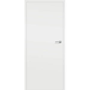 Białe drzwi wewnętrzne o prostym designie z srebrną klamką.