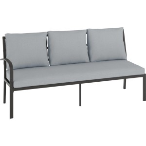 Szara ławka ogrodowa z zestawu mebli ogrodowych z metalową ramą i trzema poduszkami.