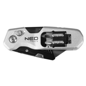 NEO TOOLS Nóż z ostrzem trapezowym składany 1+3 ostrza, 2 bity