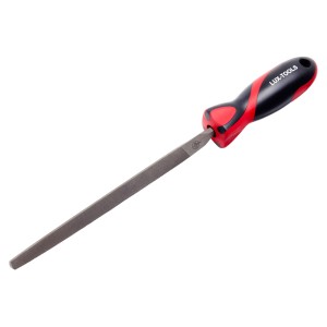 Pilnik warsztatowy trójkątny LUX, 200 mm, z ergonomicznym uchwytem do obróbki metalu.