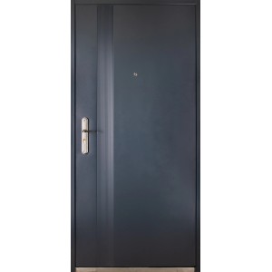 Szare drzwi wewnętrzne ze srebrną klamką i pionowym elementem dekoracyjnym.