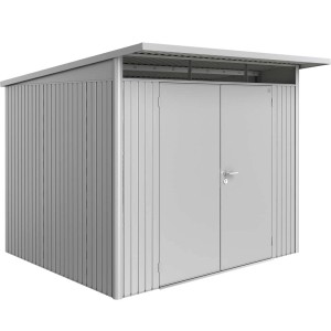 Metalowy domek narzędziowy Biohort AvantGarde A6, srebrny metalik, z podwójnymi drzwiami.