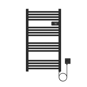 Czarny grzejnik t.b.t. z poziomymi rurkami i cyfrowym wyświetlaczem.