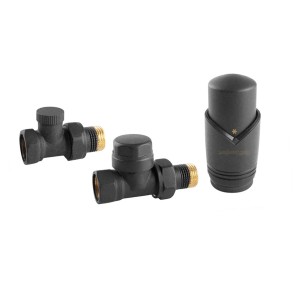 Czarny zestaw przyłączeniowy do grzejnika i głowica termostatyczna do instalacji grzewczych.