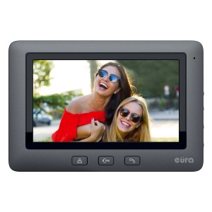 Szary domofon t.b.t. z wyświetlaczem pokazującym dwie śmiejące się kobiety.