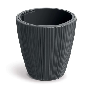 Szara doniczka t.b.t. z pionowymi rowkami do użytku wewnątrz i na zewnątrz.