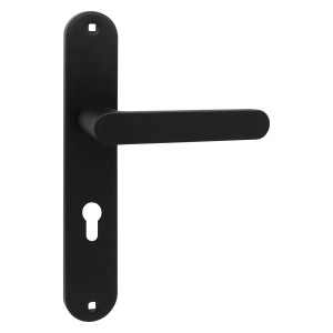 Czarny zestaw klamek do drzwi z długim szyldem do drzwi wewnętrznych.