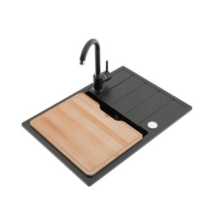 Zlewozmywak granitowy t.b.t. z deską do krojenia i czarną baterią.