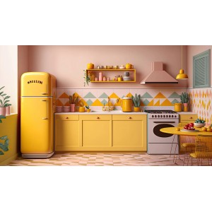 Żółta kuchnia w stylu retro z lodówką, kuchenką i kolorowymi farbami do ścian.