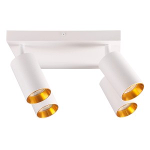 Biały reflektor sufitowy Spoty z czterema światłami i złotymi odbłyśnikami.