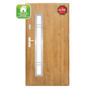 Drzwi zewnętrzne w kolorze drewna z szybą.