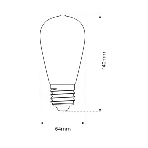 Szkic żarówki LED E27 z wymiarami (140mm x 64mm).