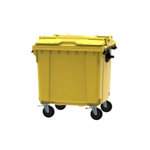 Żółty pojemnik na odpady t.b.t. z kółkami dla łatwego usuwania.