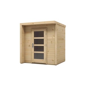 Drewniany domek ogrodowy t.b.t. z drzwiami i oknem.