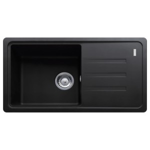 Czarny zlewozmywak granitowy t.b.t. z ociekaczem i okrągłym odpływem.