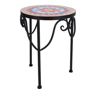 Stojak na kwiaty z mozaikowym blatem, czarna metalowa rama.