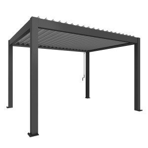 Pergola Biohort w kolorze ciemnoszarym/srebrnym metalik, nowoczesne zadaszenie tarasu z lamelami.