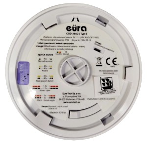 Czujnik dymu Eura CSD-39A2 Typ B, szczegółowy widok tyłu z informacjami technicznymi.