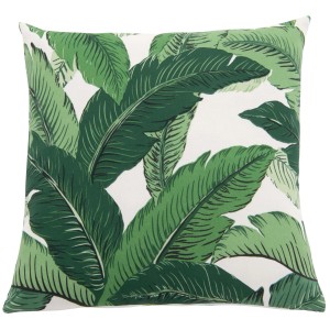 Dekoracyjna poduszka ogrodowa z motywem tropikalnych liści.
