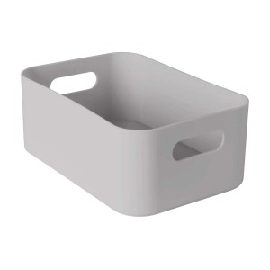Szary pojemnik do przechowywania z uchwytami na akcesoria łazienkowe.