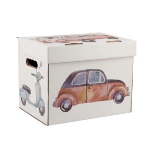 Dekoracyjne pudełko do przechowywania z motywami samochodów i skuterów.