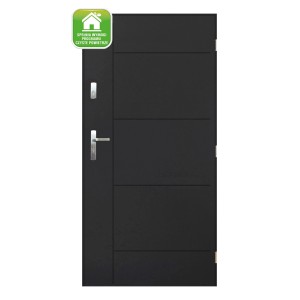 Nowoczesne, antracytowe drzwi zewnętrzne z poziomymi listwami ozdobnymi i srebrną klamką.