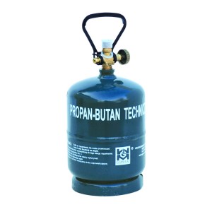 Szara butla gazowa propan-butan do akcesoriów kempingowych.