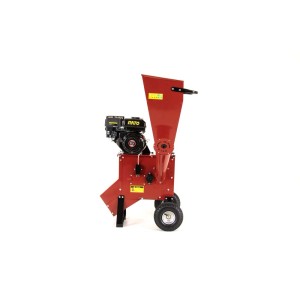 Czerwony, mobilny rozdrabniacz t.b.t. z lejkiem i silnikiem RATO.