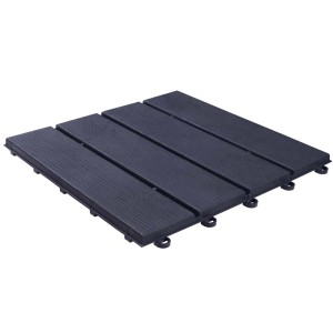 Ciemnoszara płytka podestowa t.b.t. z efektem drewna do użytku zewnętrznego.