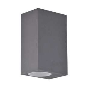 Nowoczesny, szary kinkiet zewnętrzny t.b.t. w kształcie prostopadłościanu.